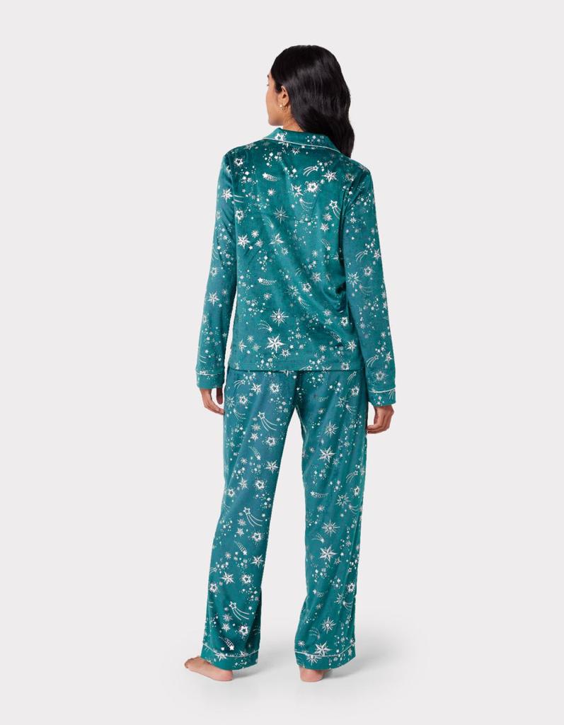 Chelsea Peers Velour Green & Silver Metallic Foil Star Print Long Pyjama Set