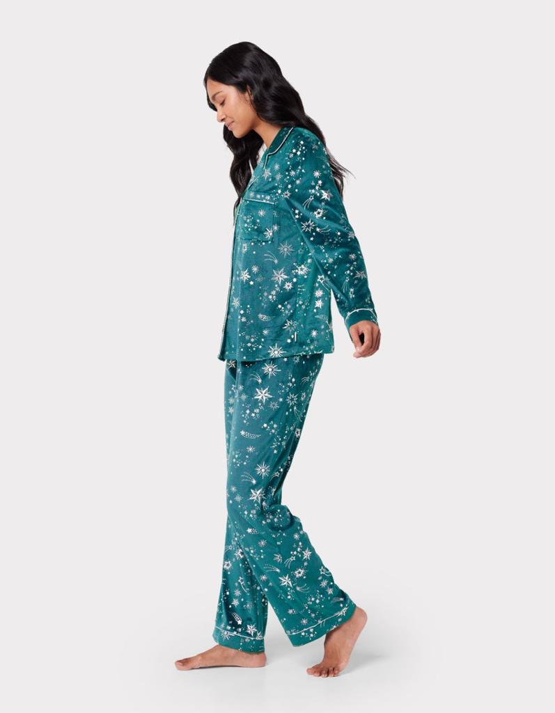 Chelsea Peers Velour Green & Silver Metallic Foil Star Print Long Pyjama Set