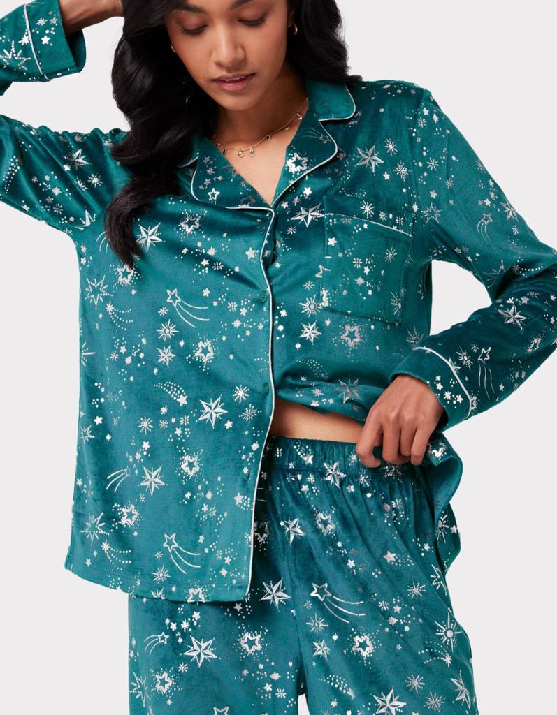 Chelsea Peers Velour Green & Silver Metallic Foil Star Print Long Pyjama Set