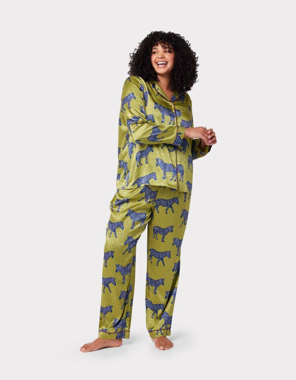 Chelsea Peers Jacquard Satin Green Zebra Print Long Pyjama Set