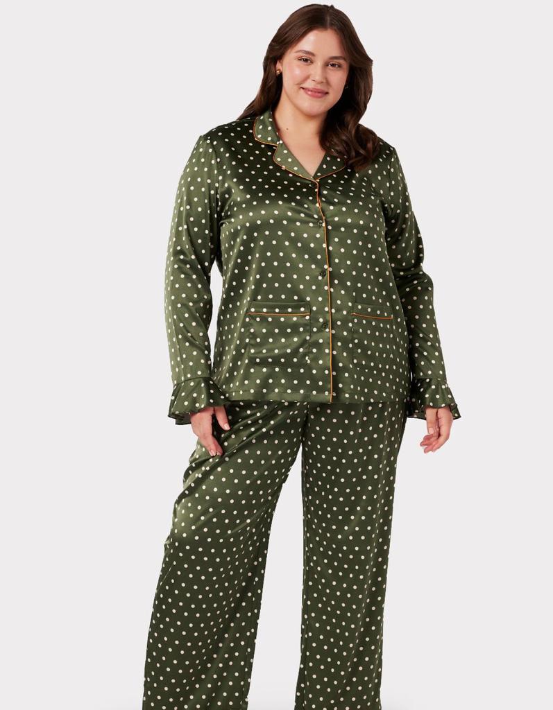 Chelsea Peers Satin Green Polka-Dot Print Long Pyjama Set