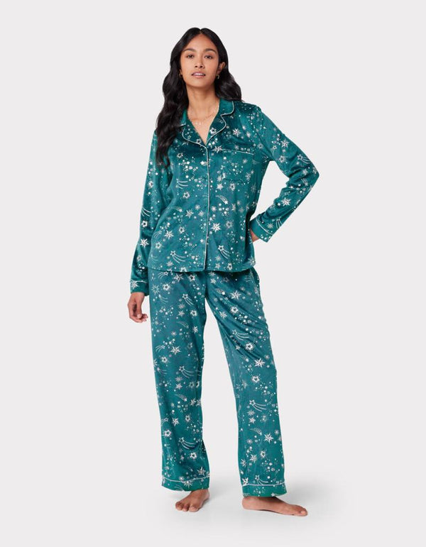 Chelsea Peers Velour Green & Silver Metallic Foil Star Print Long Pyjama Set