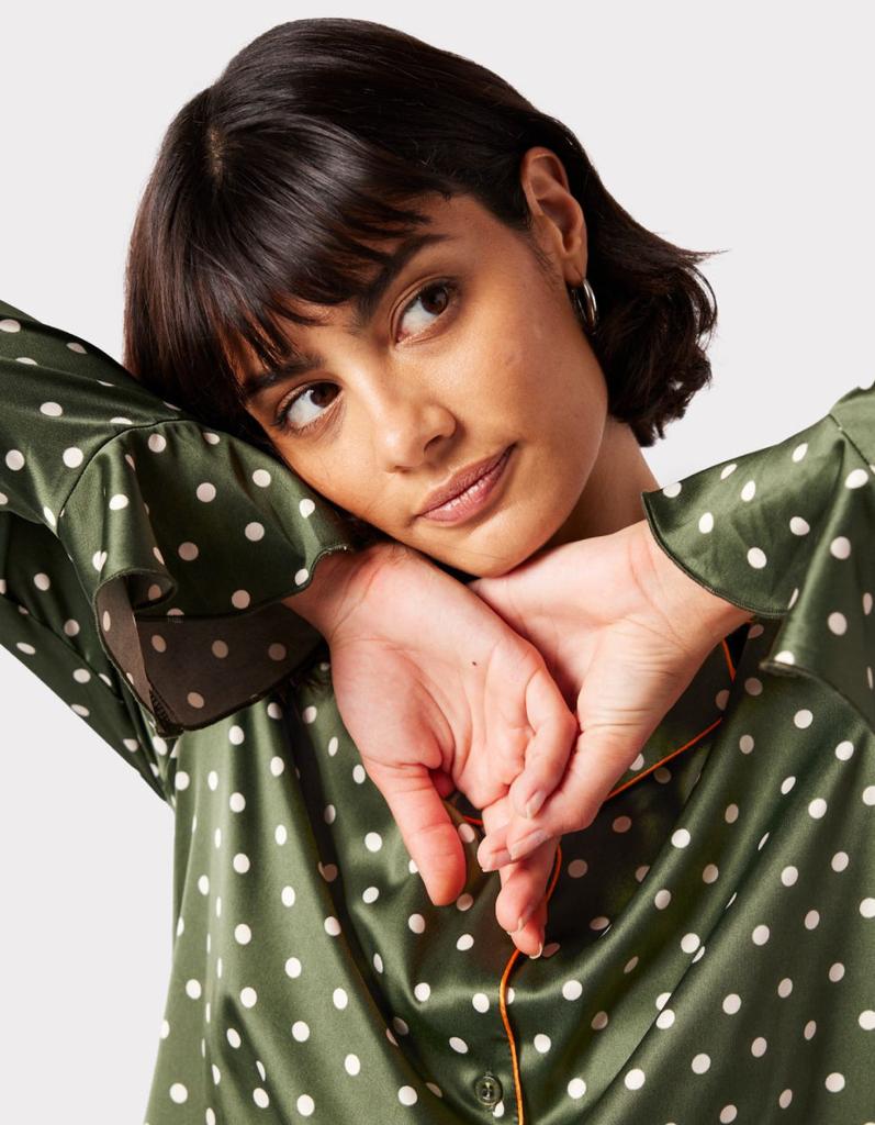 Chelsea Peers Satin Green Polka-Dot Print Long Pyjama Set