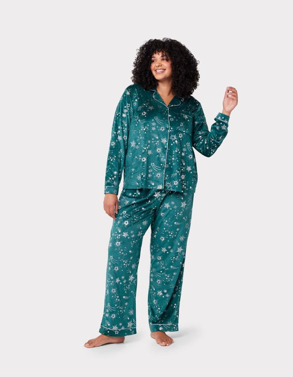 Chelsea Peers Velour Green & Silver Metallic Foil Star Print Long Pyjama Set