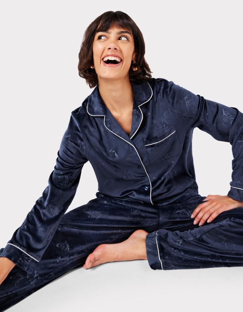 Chelsea Peers Velour Navy Zebra Print Long Pyjama Set