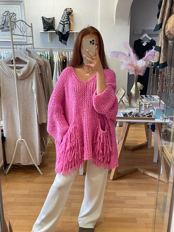 Slouch fringe knit jumper - pink