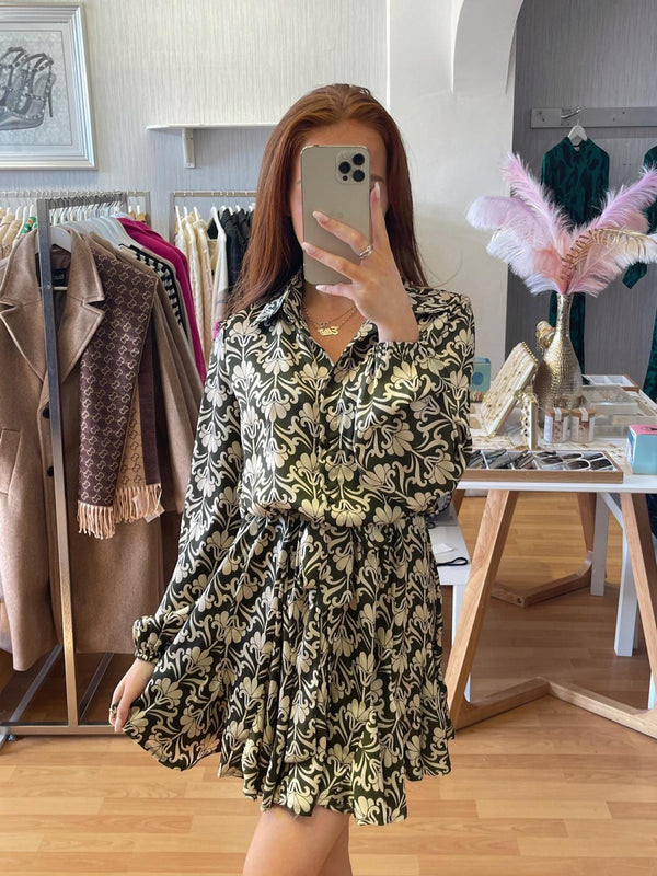 Belle belted mini dress - Green Print