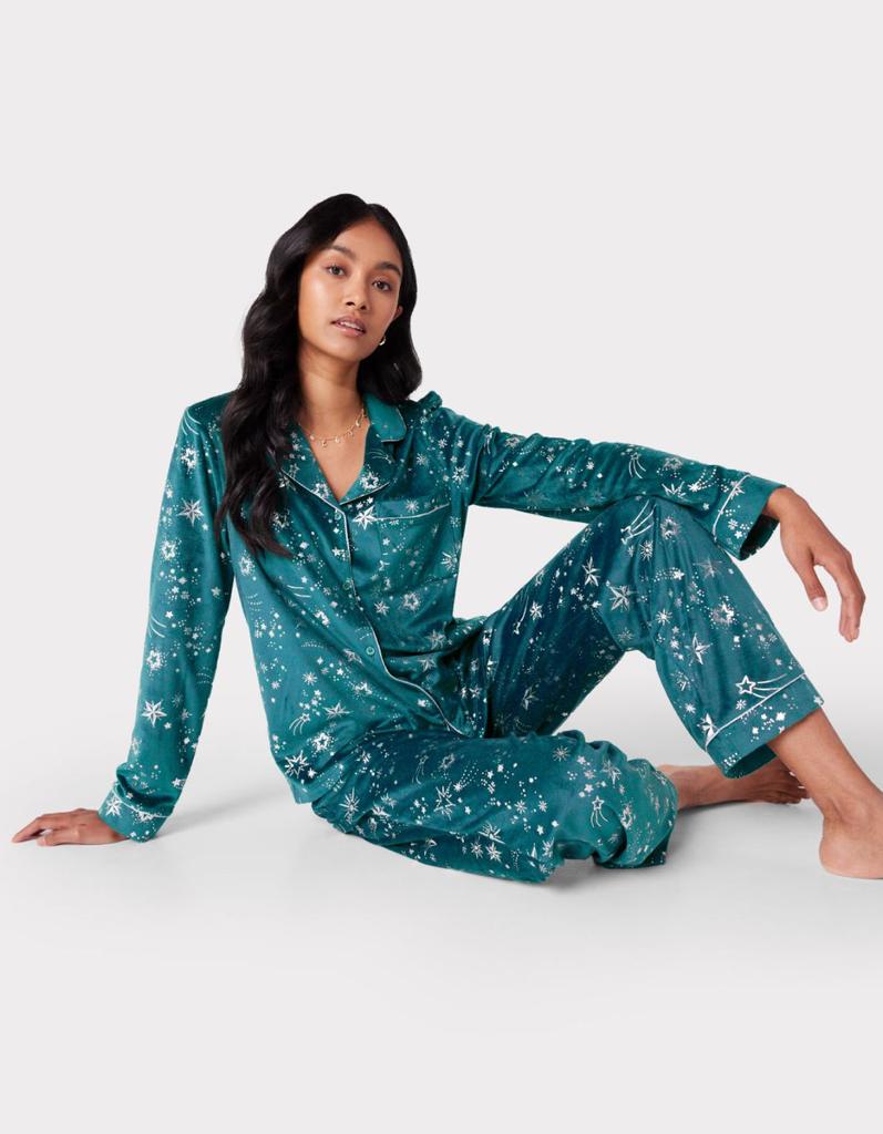 Chelsea Peers Velour Green & Silver Metallic Foil Star Print Long Pyjama Set