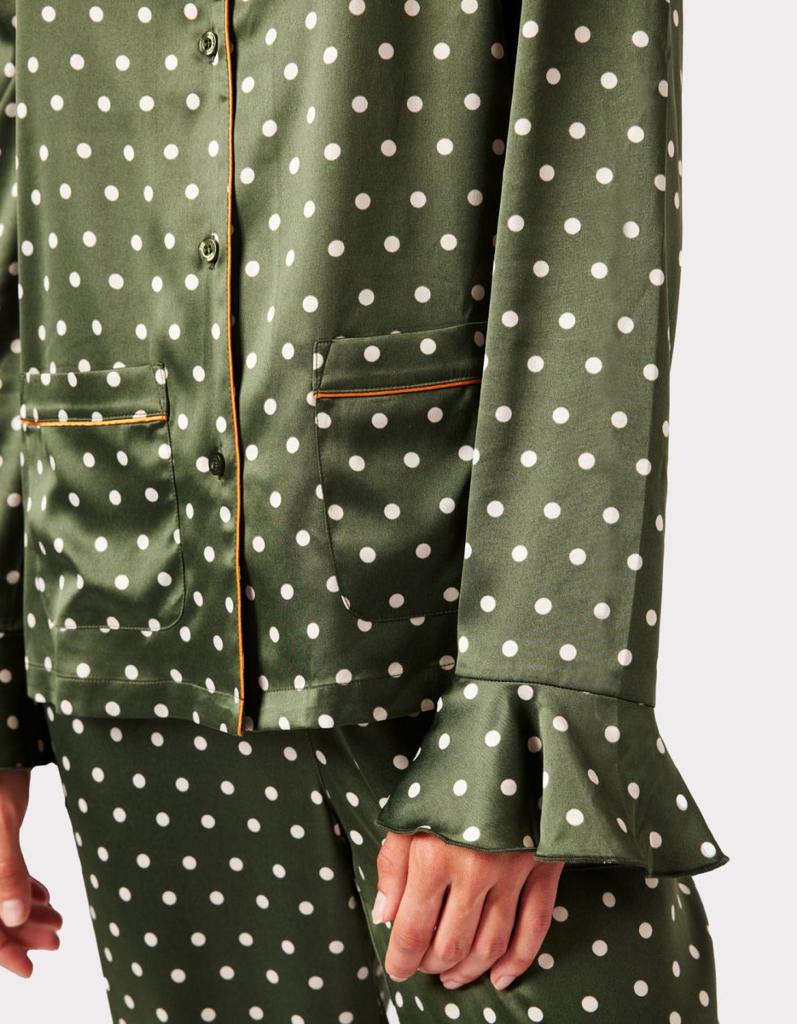 Chelsea Peers Satin Green Polka-Dot Print Long Pyjama Set