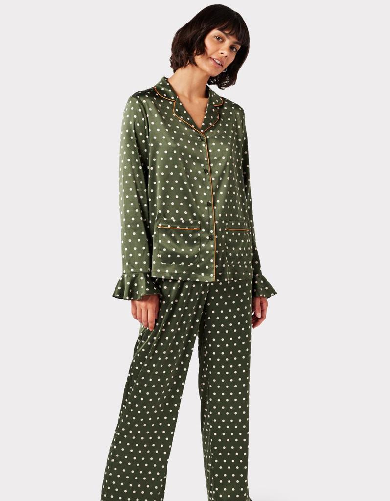 Chelsea Peers Satin Green Polka-Dot Print Long Pyjama Set