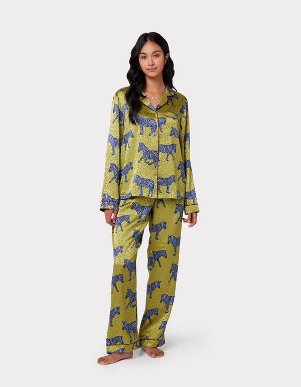 Chelsea Peers Jacquard Satin Green Zebra Print Long Pyjama Set