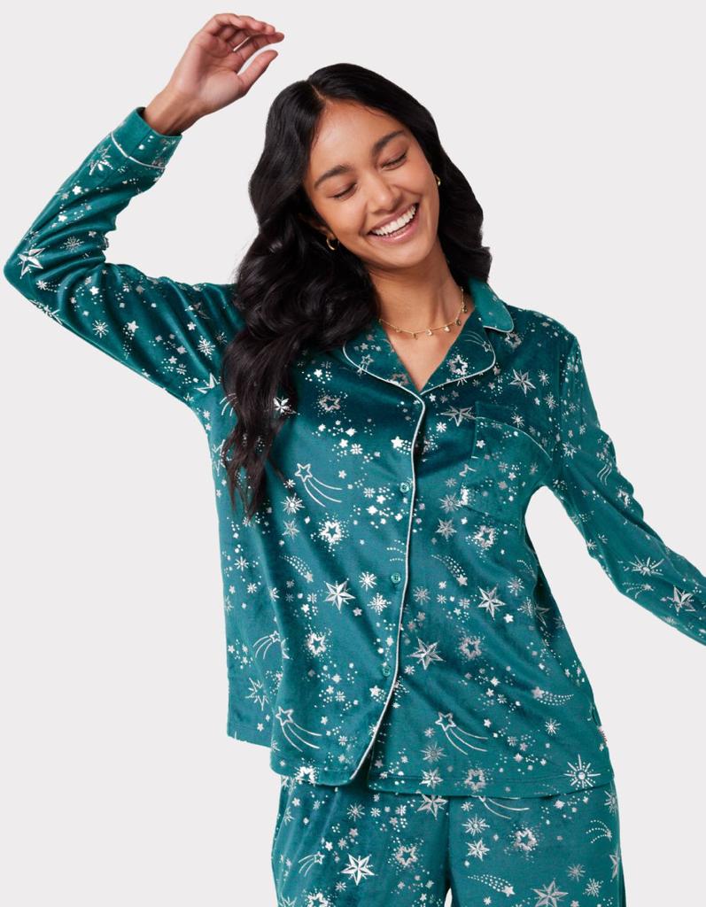 Chelsea Peers Velour Green & Silver Metallic Foil Star Print Long Pyjama Set
